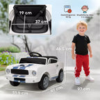 Infografika su balto elektrinio automobilio matmenimis: 97x51,5x46,5 cm, vaiko siluetas šalia