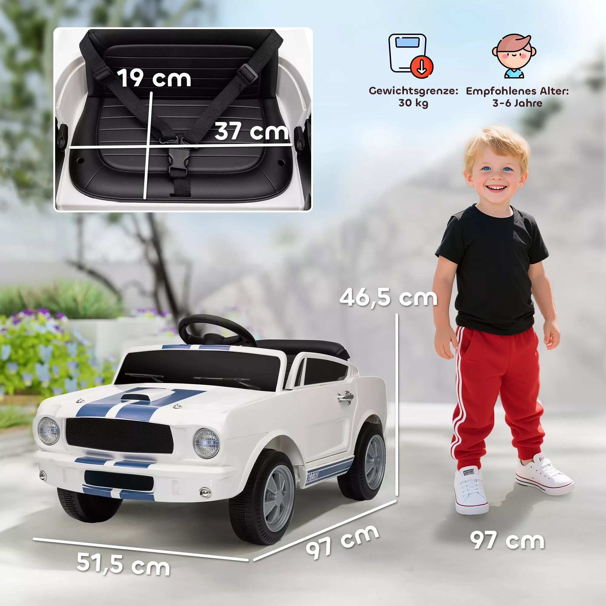 Elektrinis vaikiškas automobilis Ford Shelby GT 350, 3-6 metų vaikams, baltas 12V