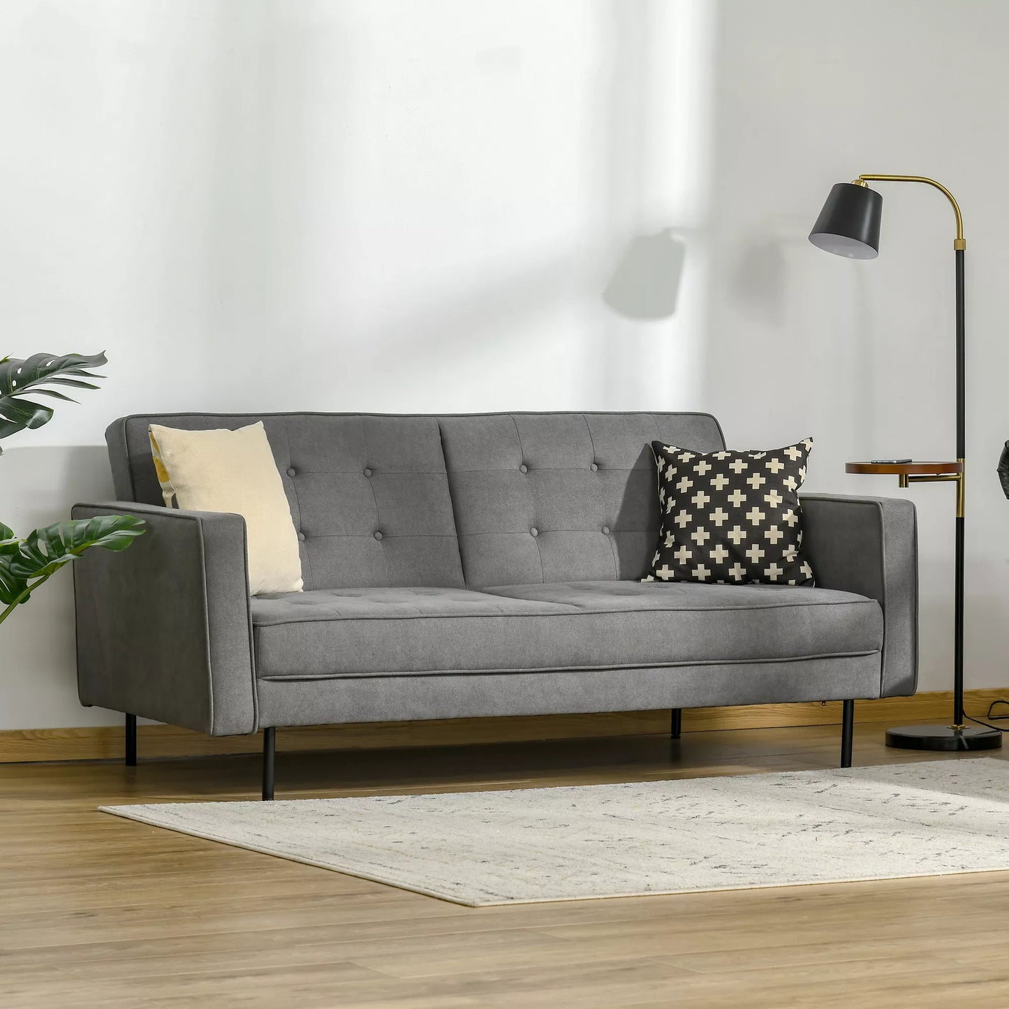 Miegamoji sofa 3 vietų, miegamoji sofa, audinio sofa su miegojimo funkcija, lova-sofa su reguliuojamu kampu, vintažinė, eukalipto mediena, medvilnė, pilka