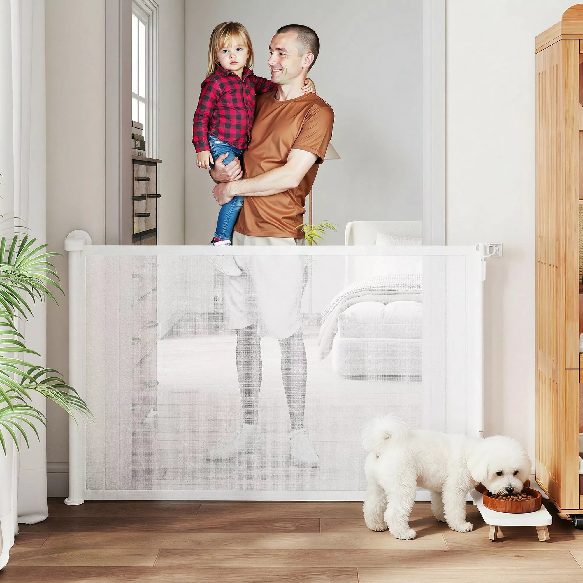 Laiptų apsauginė grotelė, ištraukiama 0–140 cm, valdoma viena ranka, skirta naminiams gyvūnams, laiptams ir durims, balta