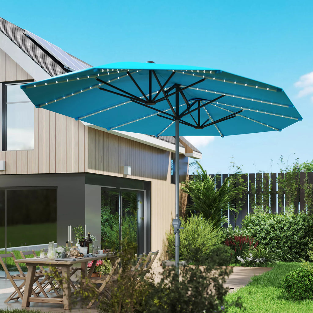 Dvigubas skėtis nuo saulės su LED apšvietimu, 451 x 267 cm, mėlynas