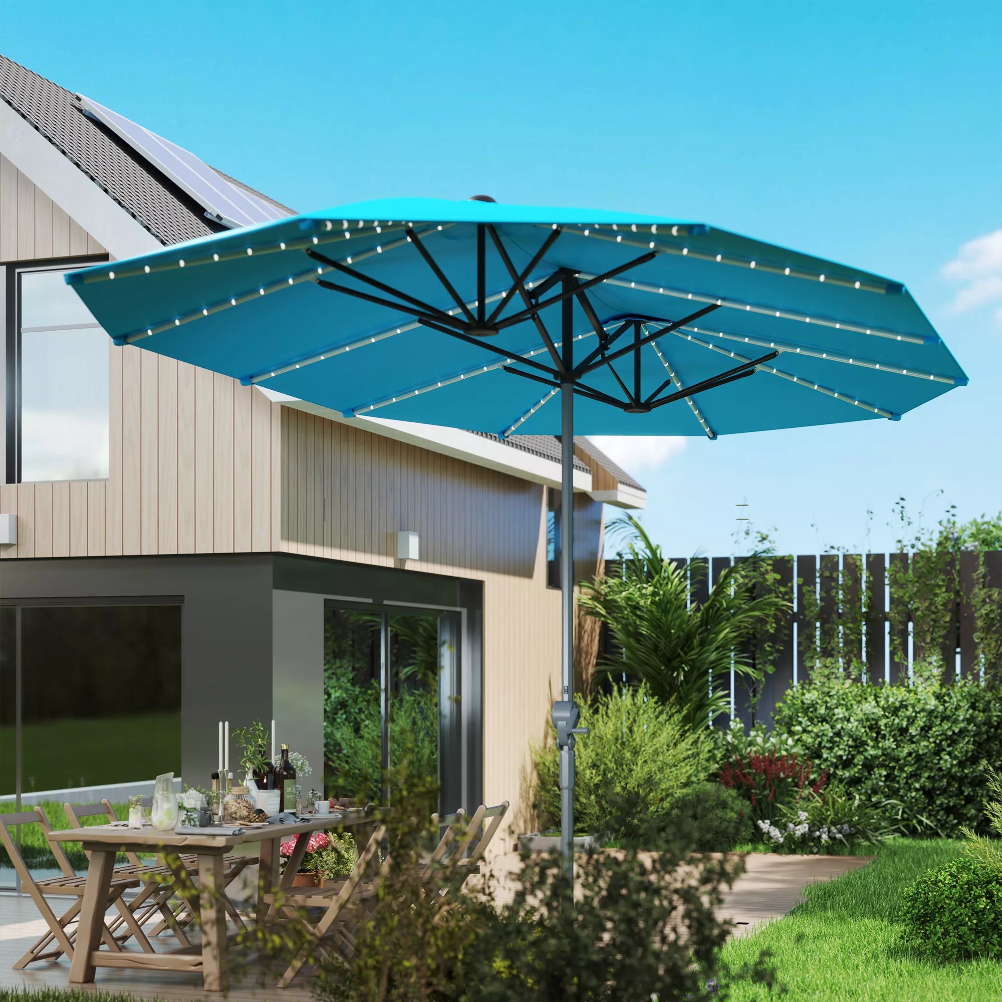 Dvigubas skėtis nuo saulės su LED apšvietimu, 451 x 267 cm, mėlynas