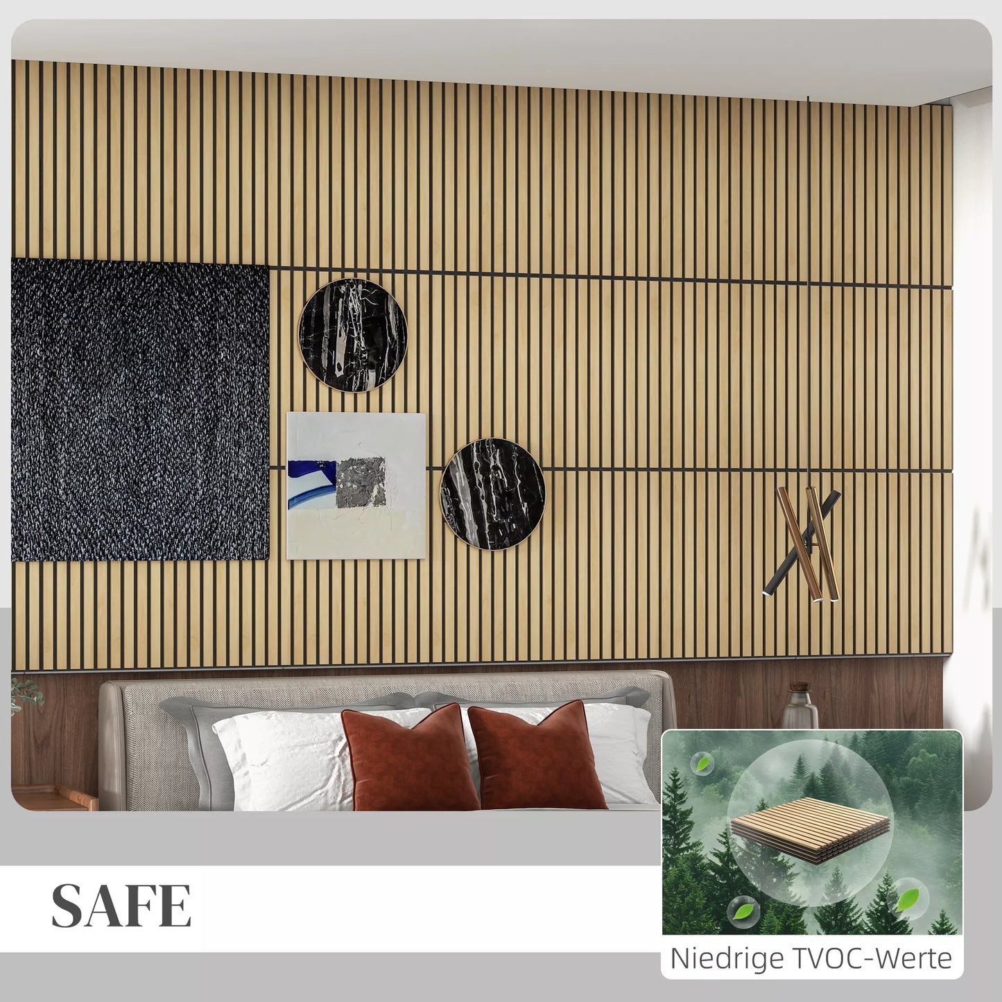 Akustinė plokštė, garso sugėrimas, DIY lamelių siena, MDF ir poliesteris, paprastas montavimas, ąžuolas