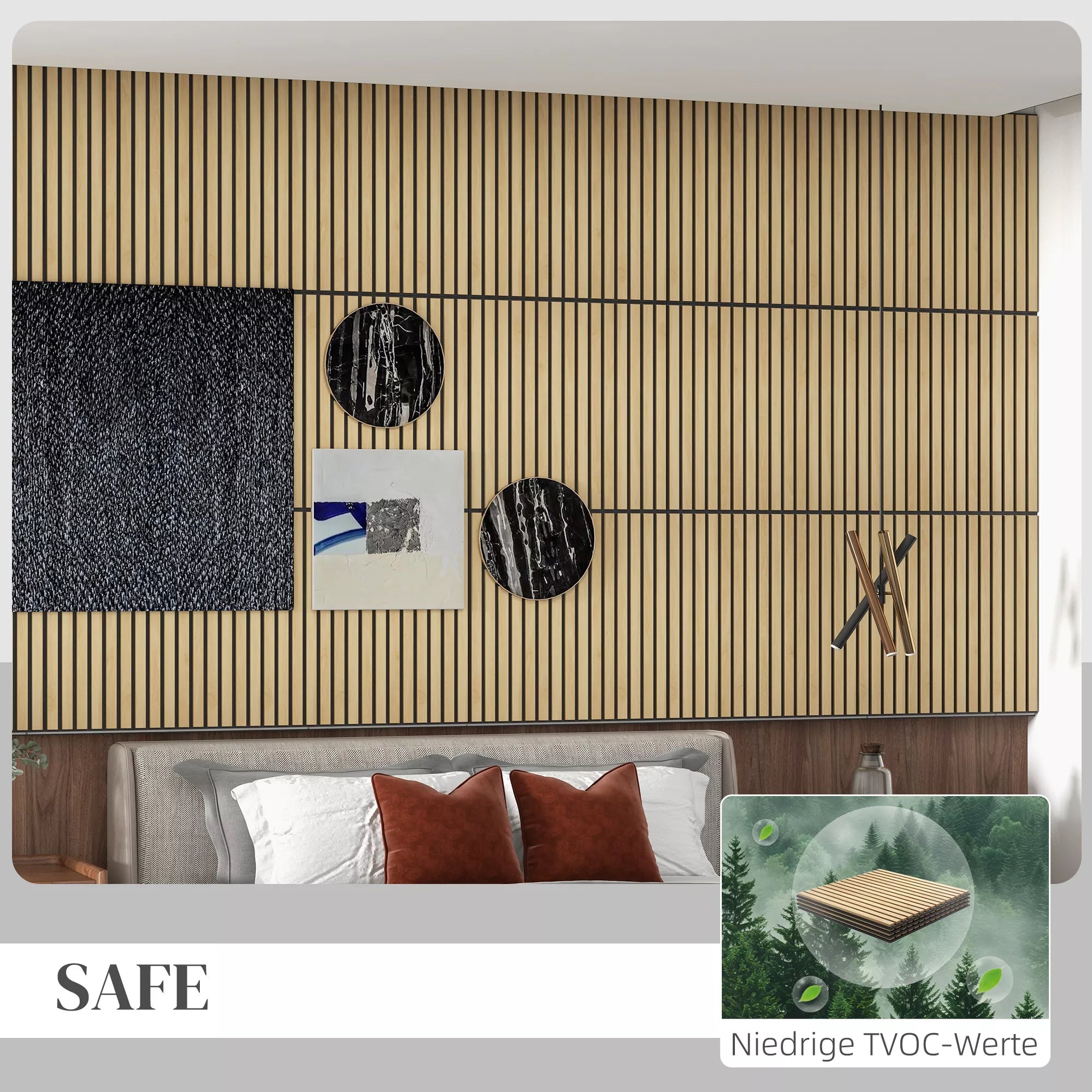 Akustinė plokštė, garso sugėrimas, DIY lamelių siena, MDF ir poliesteris, paprastas montavimas, ąžuolas
