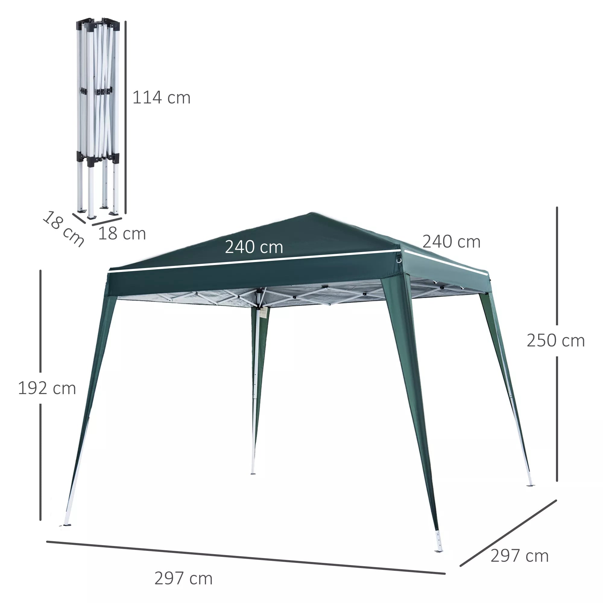 Schema su paviljono matmenimis: 240 × 240 cm, aukštis 250 cm, sulankstytas 114 cm
