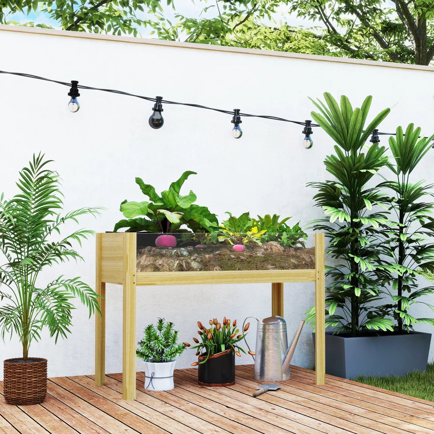 Pakeltas lysvas, medinė augalų dėžė su akrilo plokštėmis iš dviejų pusių, 118 L talpos, su vandens išleidimo skylutėmis, 110 x 50 x 80 cm