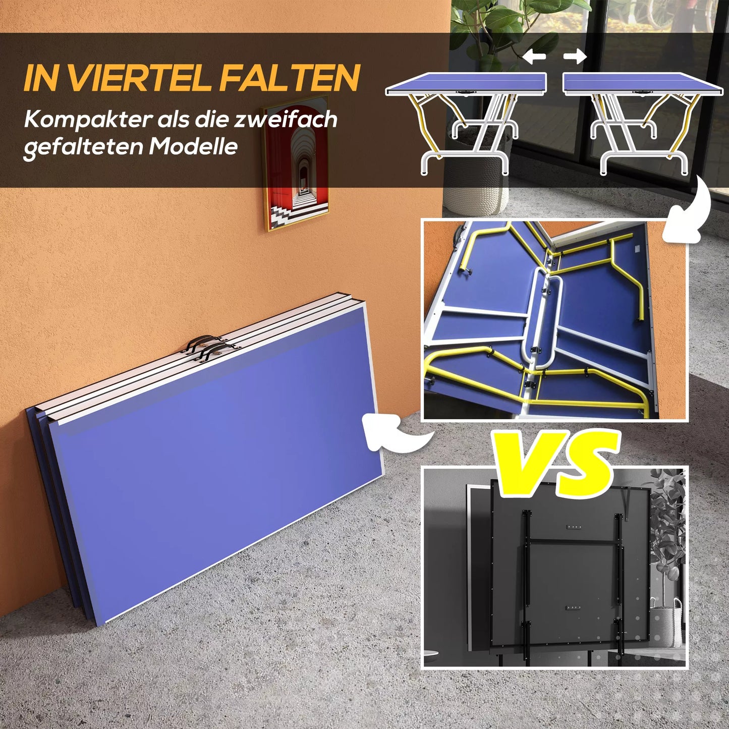 Stalo teniso stalas, sulankstomas, su 2 raketėmis, 3 kamuoliukais, tinklu, vidaus ir lauko, metalinis rėmas, 274x152x76cm, mėlynas