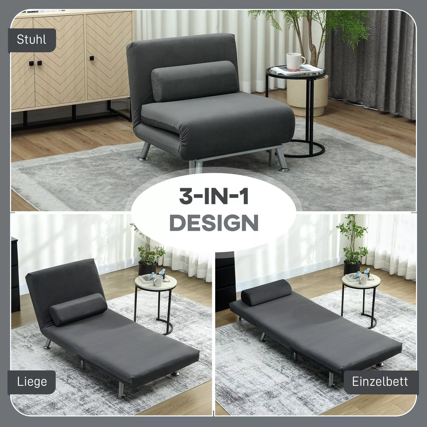 Sulankstomas fotelis su miegojimo funkcija, sulankstomas relaksacinis krėslas su aksomo išvaizda, Reguliuojama atlošas, 75 x 70 x 75 cm, Tamsiai pilkas