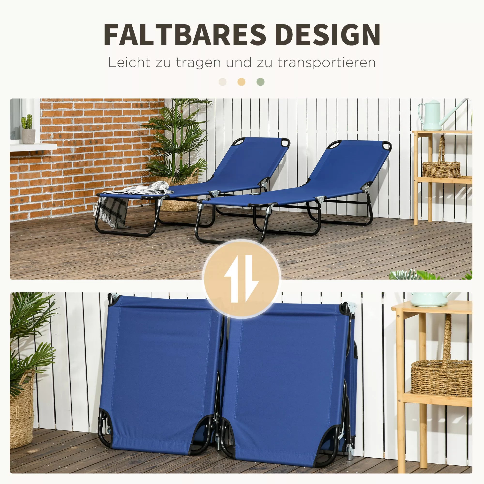 Sulankstomi saulės gultai su reguliuojama 5 padėčių nugarėle, 2 vnt., mėlyni, iki 120 kg