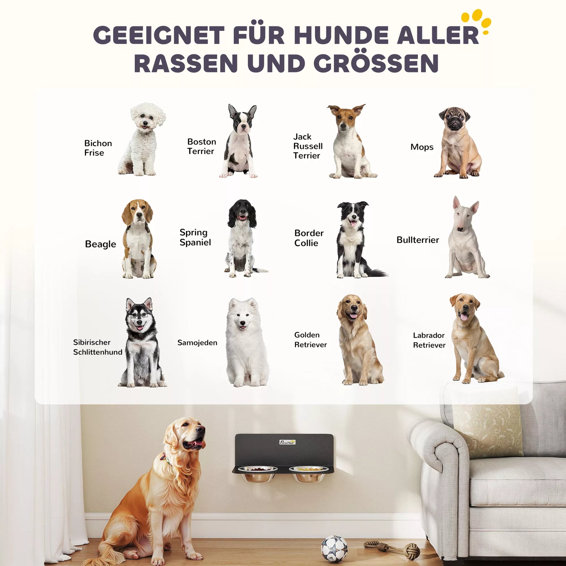 Šunų dubenėlis, reguliuojamas aukščio, tvirtinamas prie sienos, su 2 x 800 ml nerūdijančio plieno dubenėliais, 42 x 23,5 x 14 cm, juodas