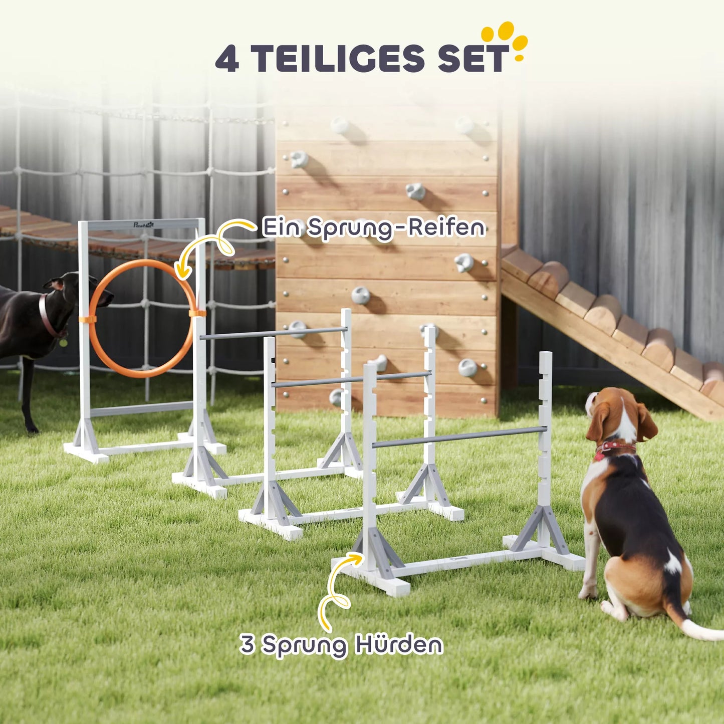 Agility rinkinys šunims, 4 dalių dresūros įranga su aukščio reguliuojamomis kliūtimis ir lanku, baltas