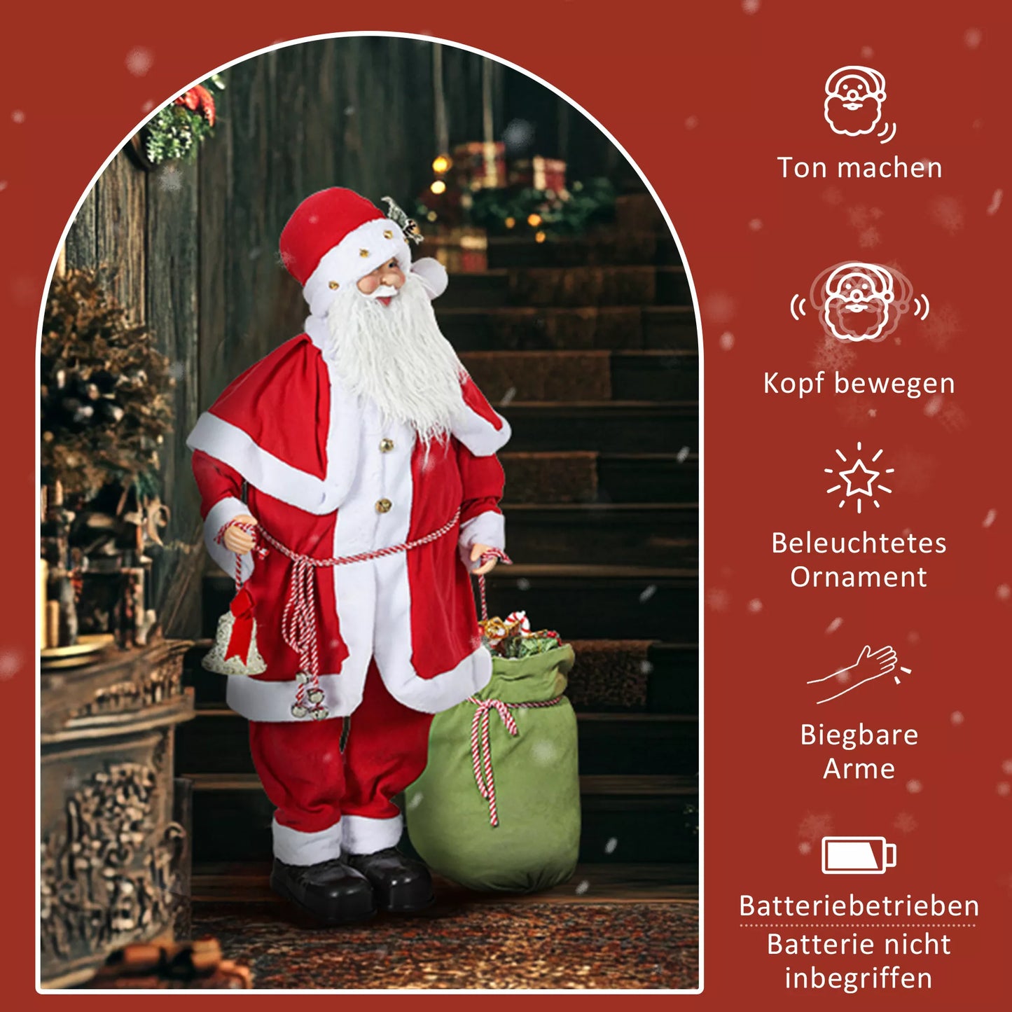 HOMCOM Kalėdų senelio figūrėlė, judanti, su garso jutikliu, juokas ir muzika, 140 cm, raudona