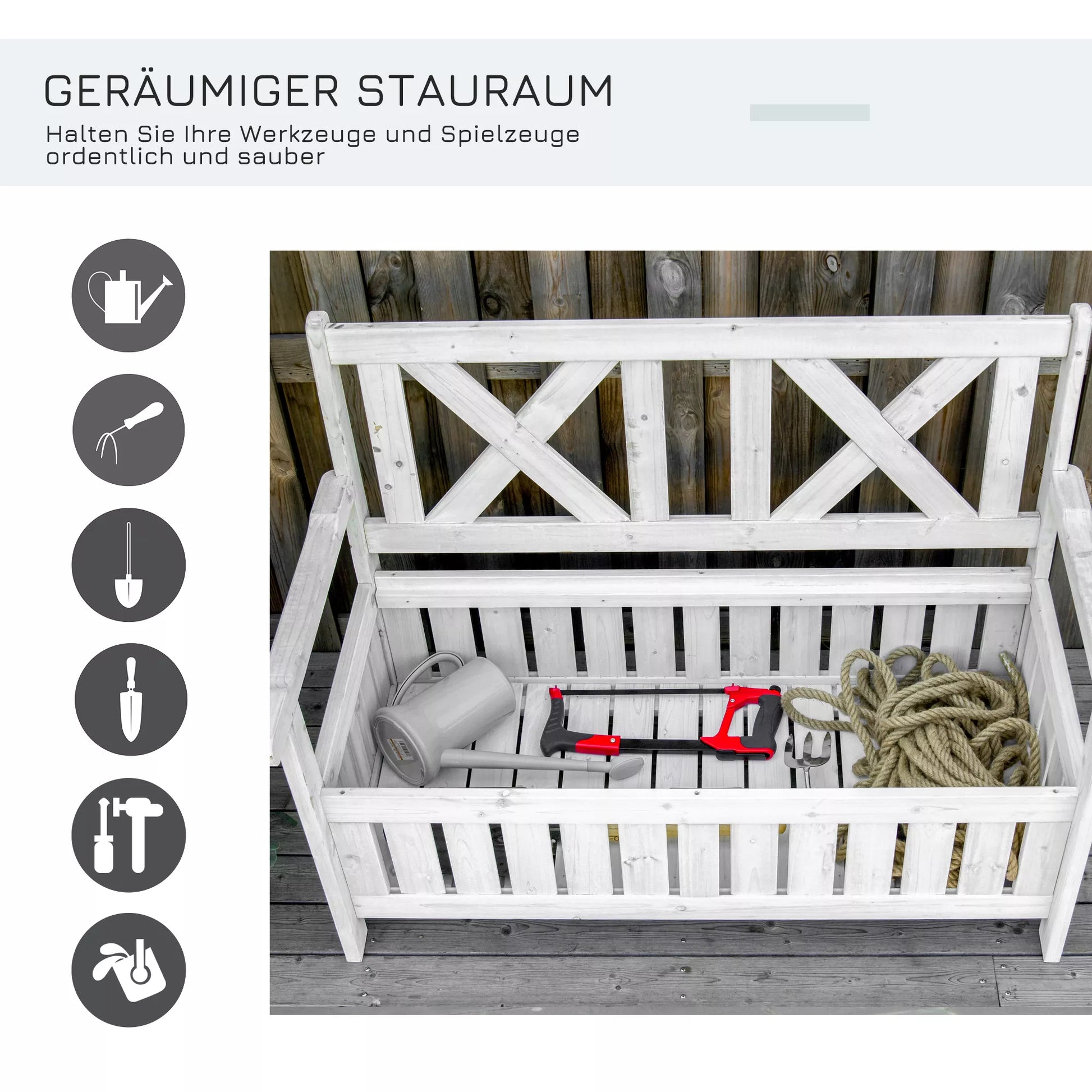 Suoliukas su saugojimo vieta 2 vietų sodo skrynia Skrynia-suoliukas Pagalvės skrynia Saugojimas Balta 115 x 61 x 85 cm