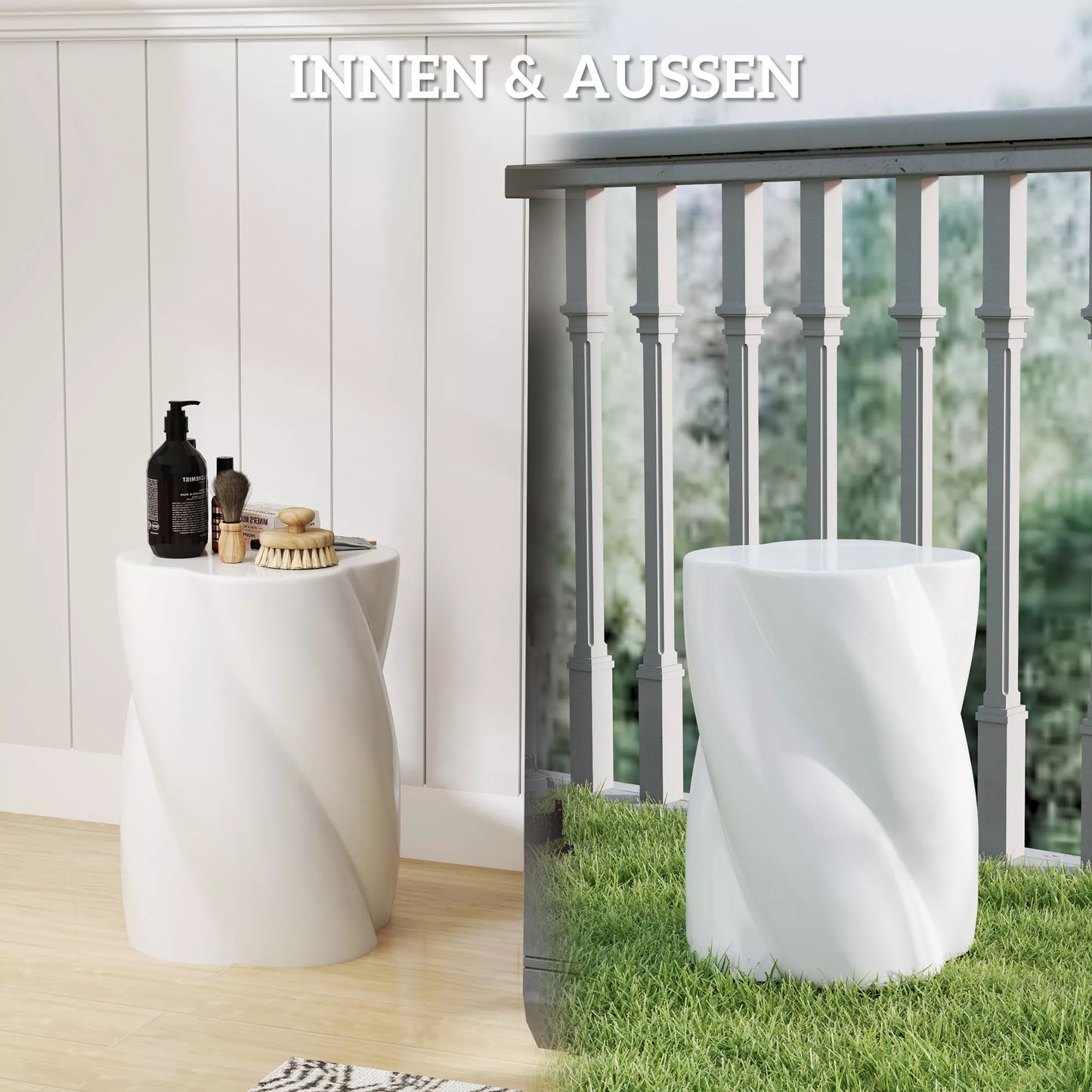 Keraminis pufas spiralės formos, atlaikantis 120kg, Ø33 x 45 cm, atsparus oro sąlygoms, sodo pufas su dangčiu, baltas