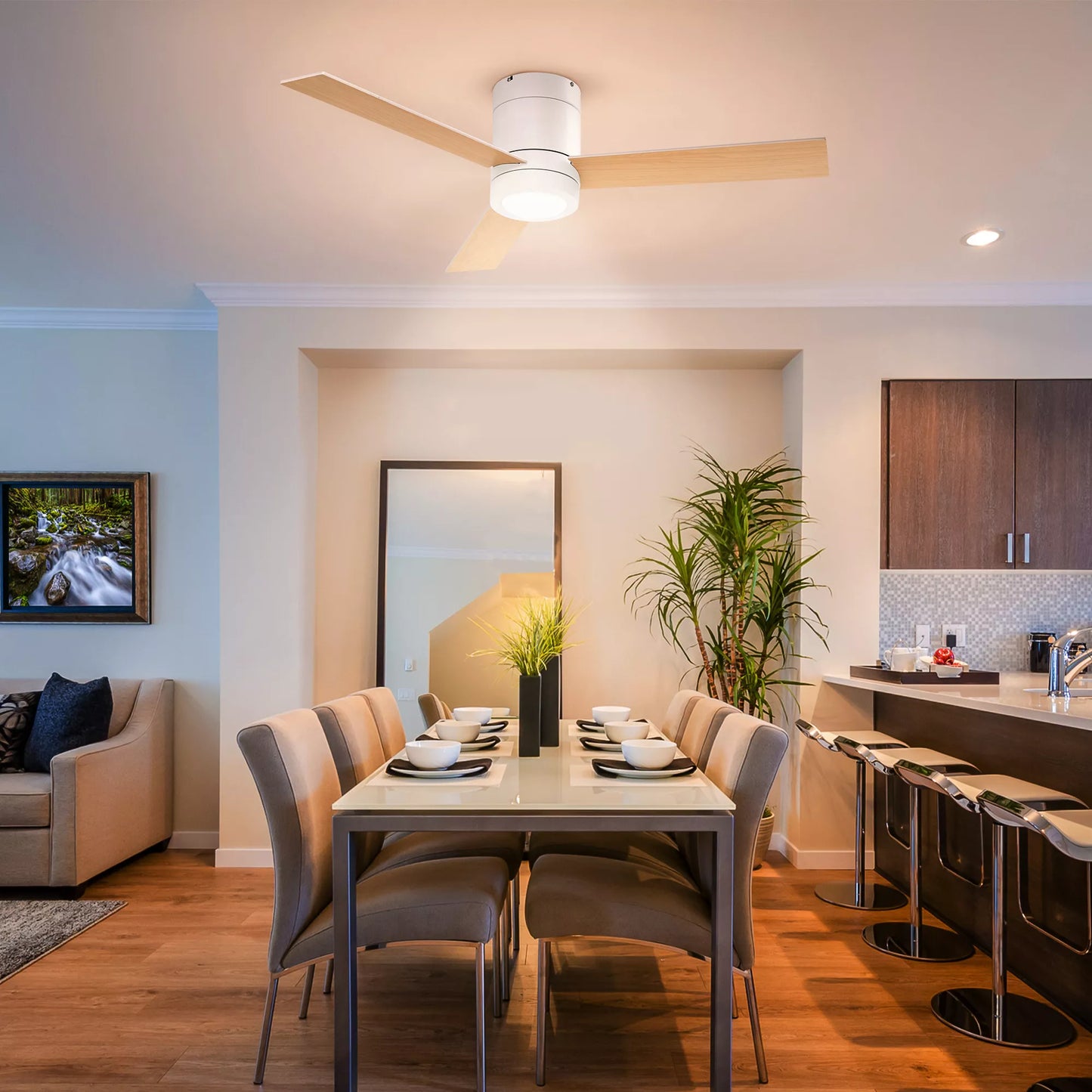 Lubų ventiliatorius su LED apšvietimu, 2-in-1 dizainas, su laikmačiu, nuotolinio valdymo pultu, lubų lempa su ventiliatoriumi, balta + natūralaus medžio spalva