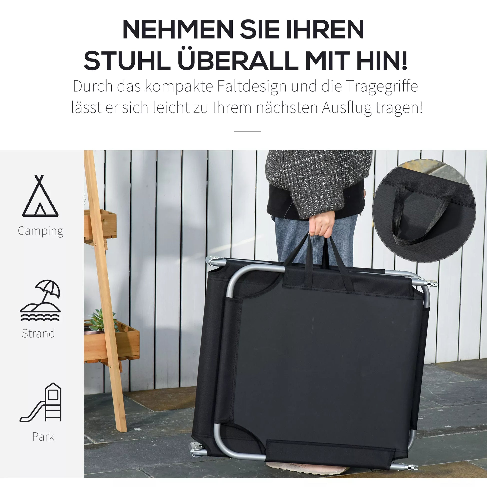 Saulės gultas, sulankstomas, reguliuojamas atlošas, nerūdijančio metalo rėmas, 187 x 55 x 24, juodas