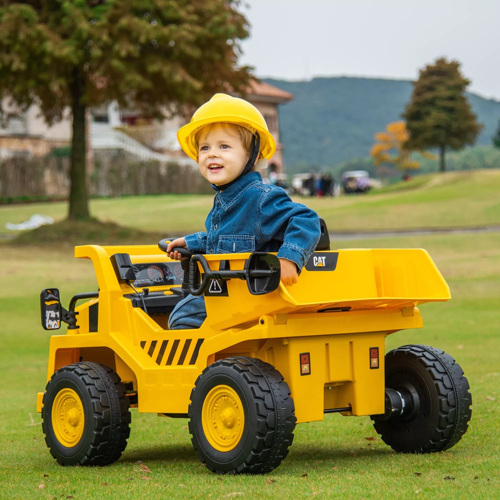 Elektrinis vaikų ekskavatorius, Caterpillar savivarcis, 3–5 km/h, su nuotolinio valdymo pultu, 3–6 metai, geltonas