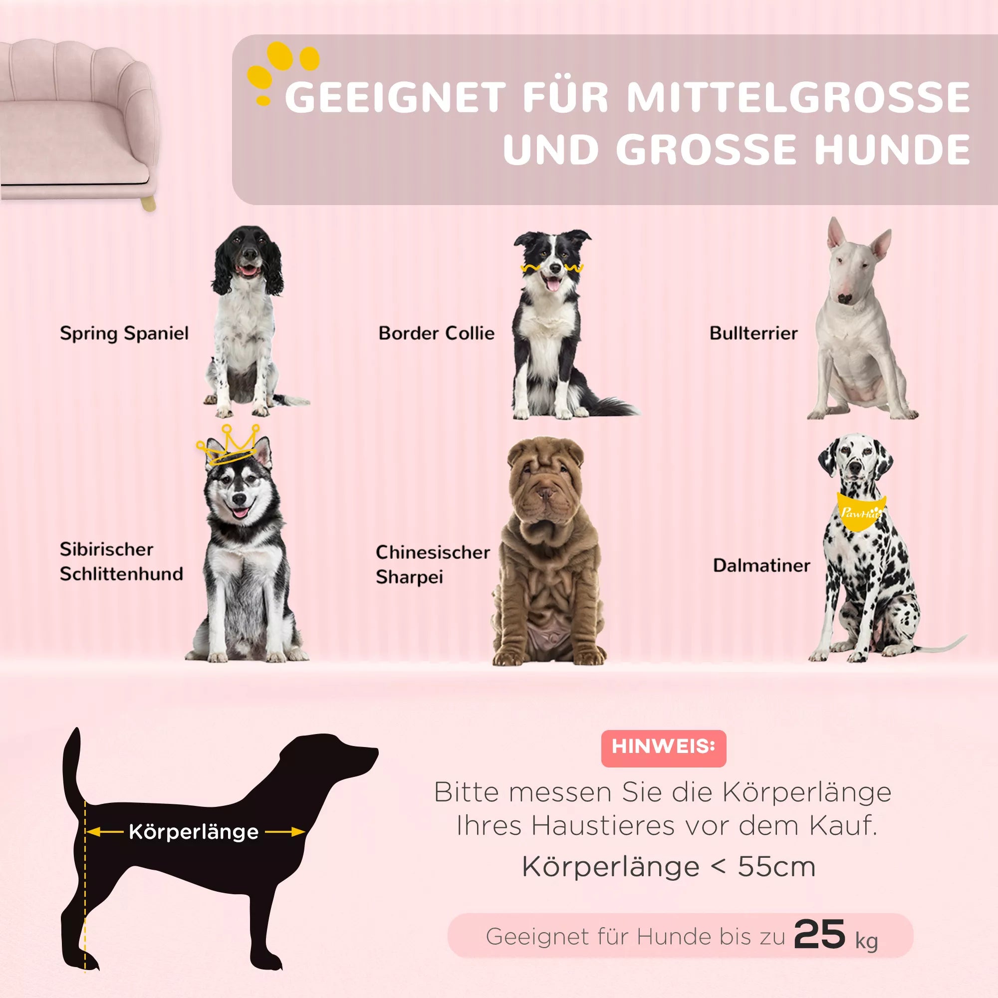 Namai augintiniams skirtas sofa vidutinio dydžio ir dideliems šunims iki 25 kg, tvirtas medinis, paminkštintas, rožinis