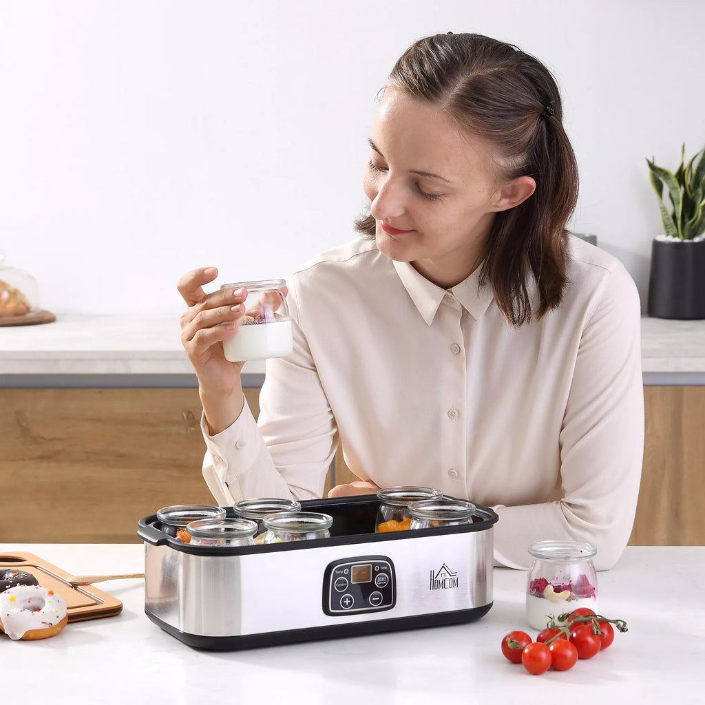 Jogurto gaminimo aparatas Graikų jogurto aparatas su dangčiu, 8 BPA neturintys stikliniai vidiniai indai po 180 ml, jogurto gaminimo aparatas su LCD ekrano laikmačiu, iki 1,4 litro jogurto 25 W Sidabrinis