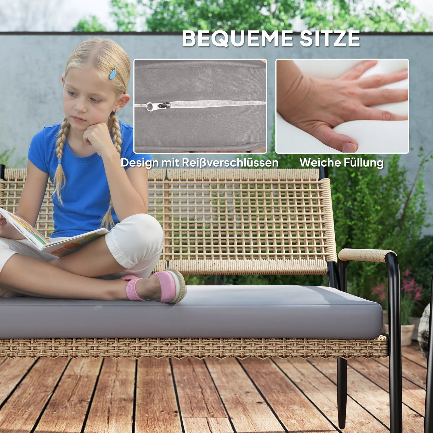 Lauko baldų komplektas iš poliratano, Lounge komplektas su 2 vietų sofa, foteliu, stikliniu staliuku, pagalvėlėmis 4 asmenims, tamsiai pilka+geltona