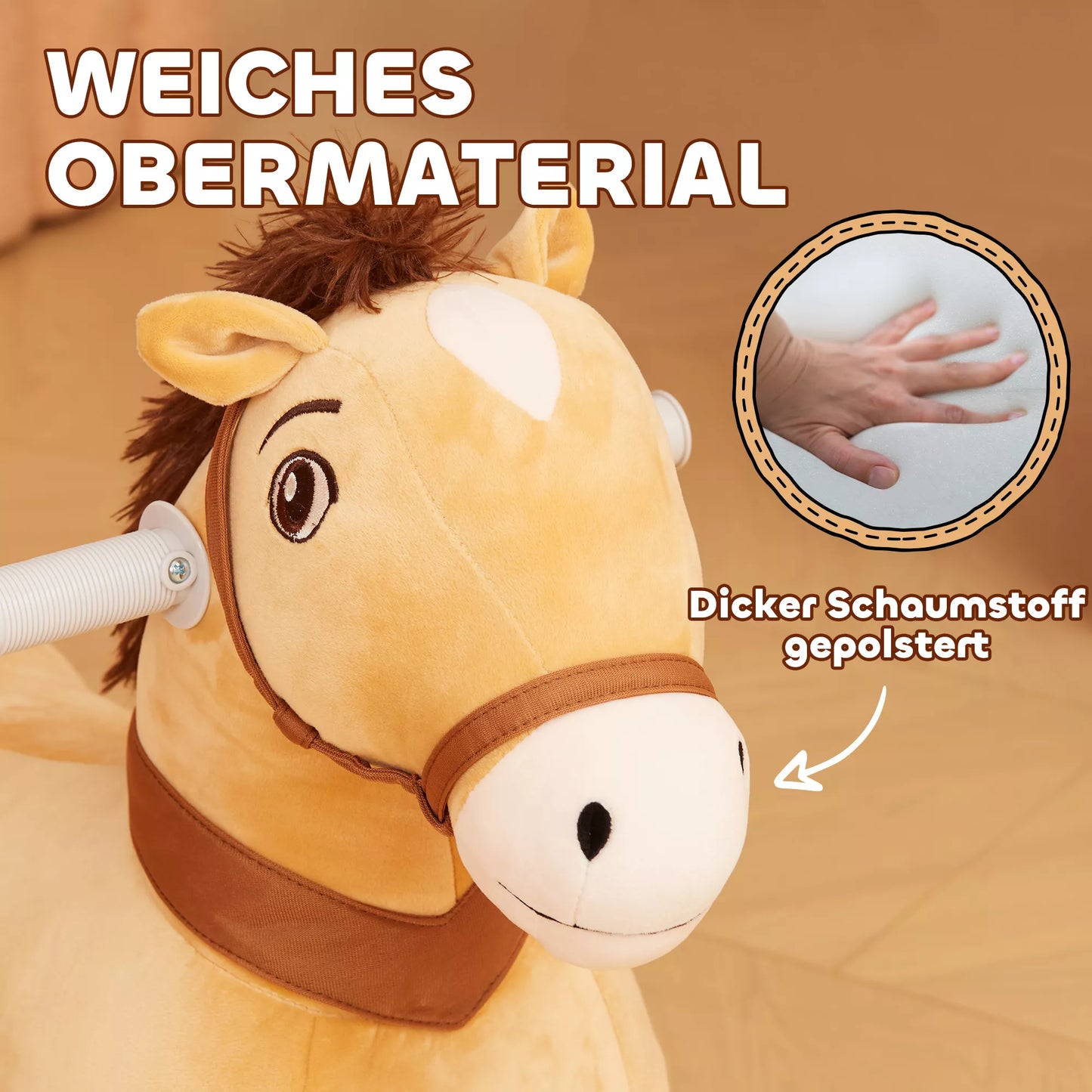 Elektrinis 6V arkliukas vaikams, veikiantis baterijomis, su muzikos funkcija ir judėjimu pirmyn, 18-36 mėn., rudas