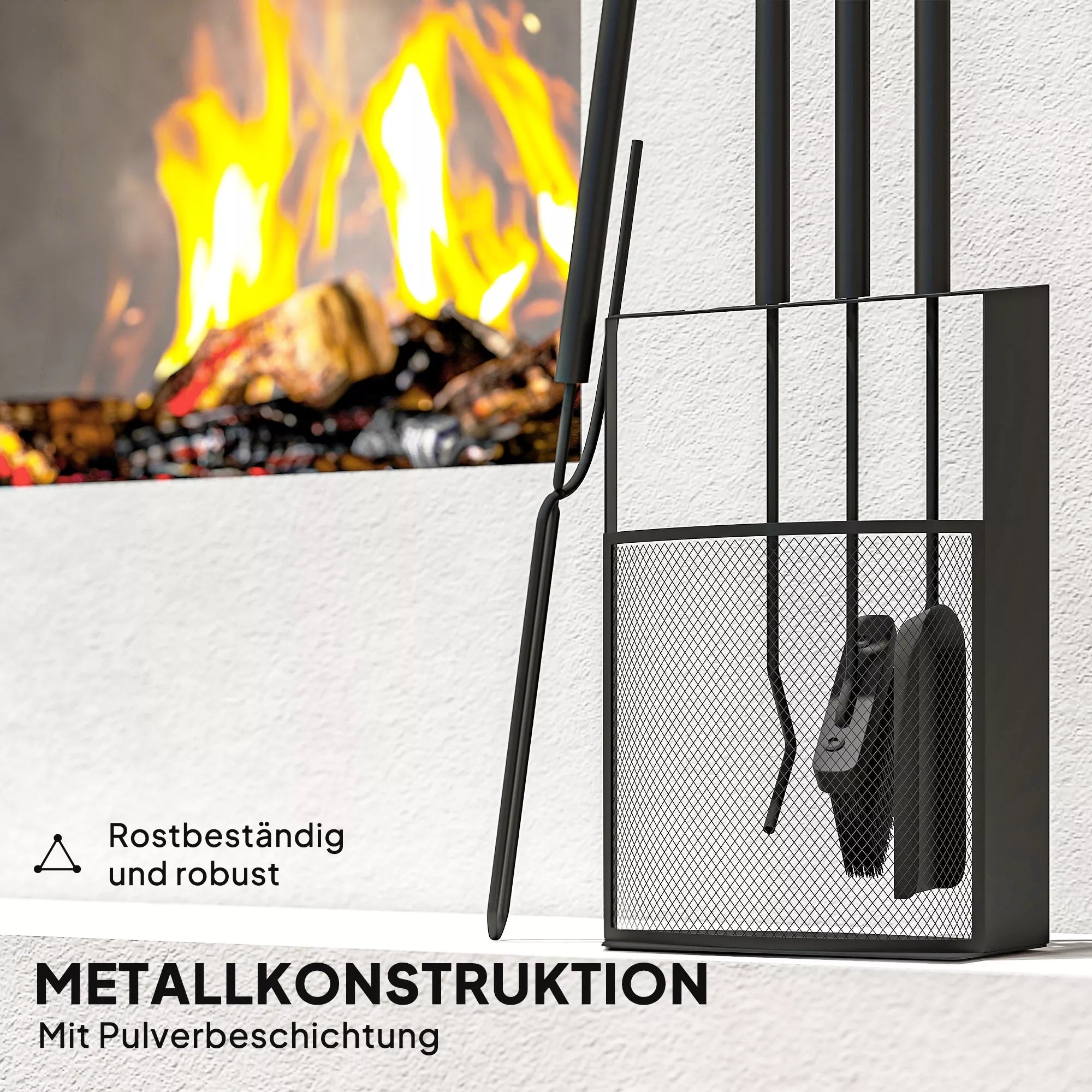 5 dalių židinio įrankių rinkinys Židinio priedai su šluota, semtuvu, kirtikliu, replėmis, metaliniu stovu, juodos spalvos
