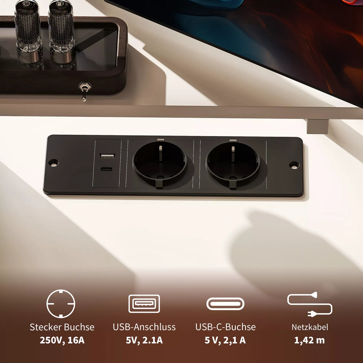 L formos kampinis stalas su įkrovimo stotele, monitoriaus laikikliu ir lentynomis, skirtas namų biurui, baltas