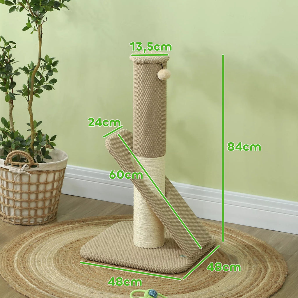 Katėms skirtas braižymo medis su pagalvėle, kolona ir žaisliniu kamuoliuku, kilimu ir sizaliu, 84 cm, šviesiai rudos spalvos