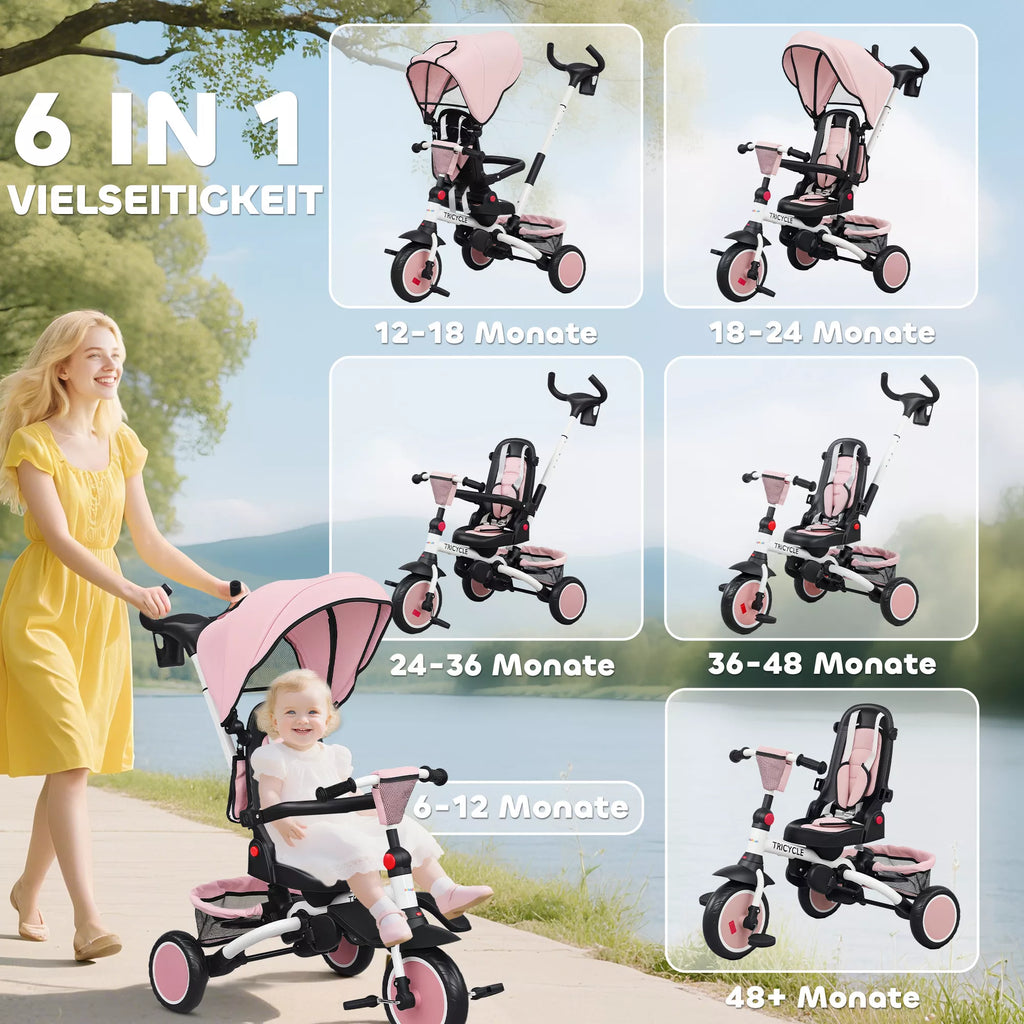 Vaikiškas triratukas 6-in-1 su stūmimo rankena, 12–60 mėn., rožinis