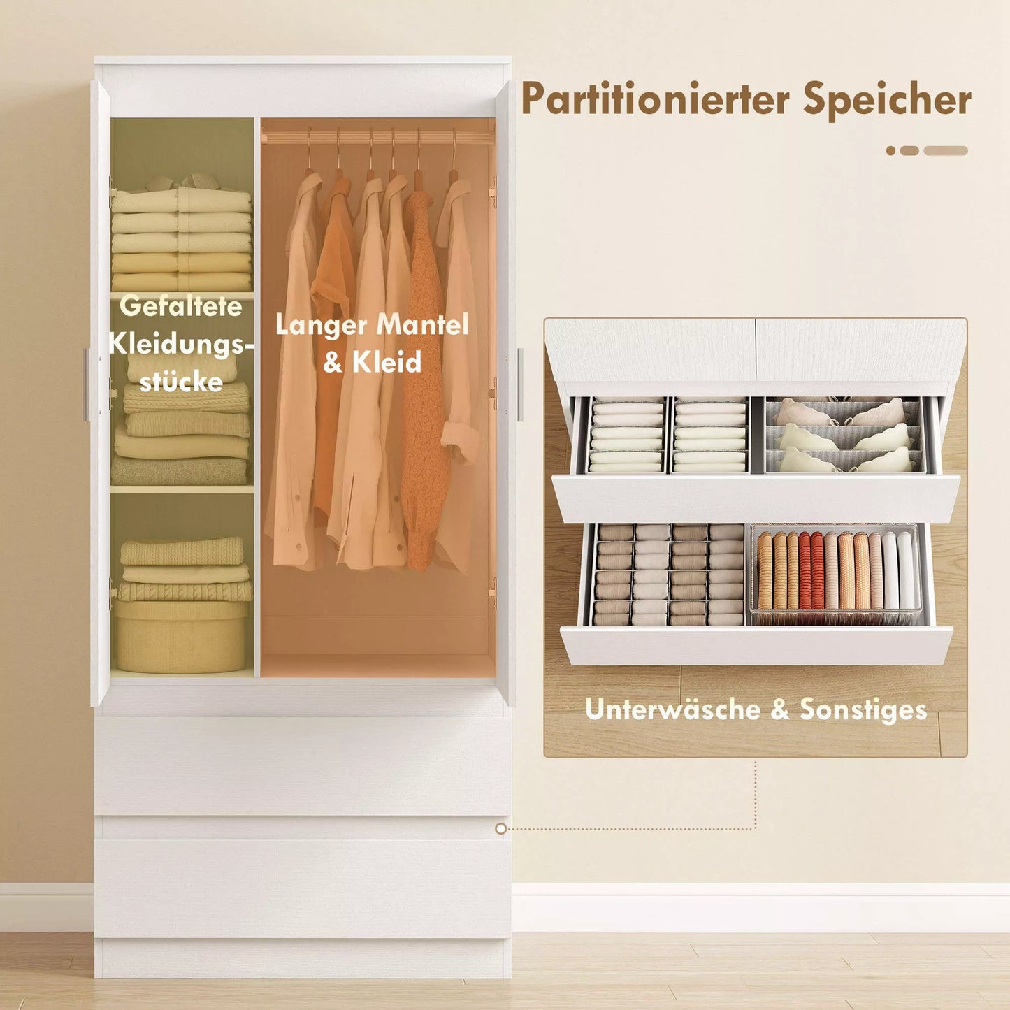 Miegamojo drabužinė su 2 durimis, 2 stalčiais, 3 skyreliais, mediena, balta