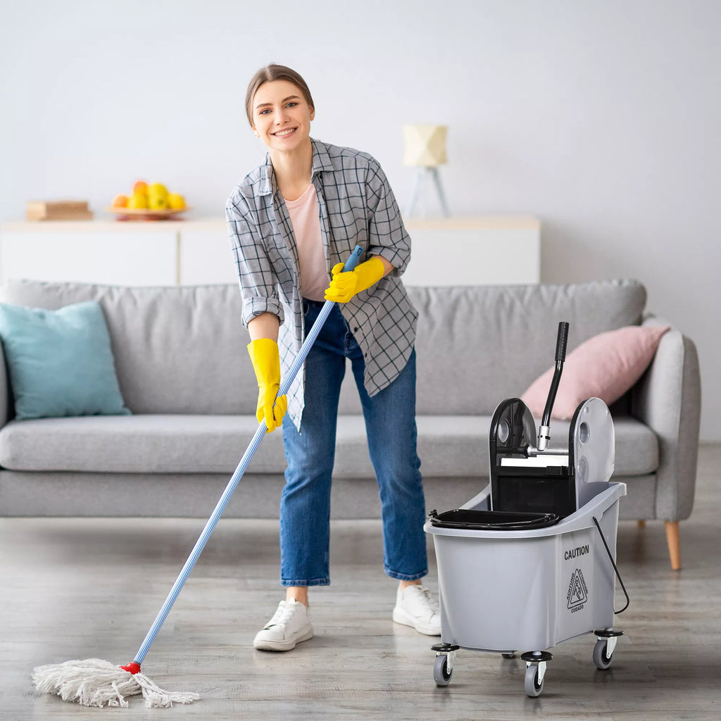 Valymo vežimėlis su šluotos spaustuku, 36 l, vandens atskyrimo pertvara, 4 ratukai, juodas/pilkas