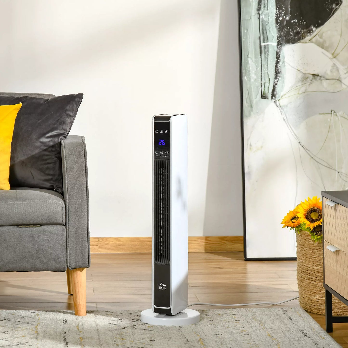 Elektrinis ventiliatorinis šildytuvas 2200W, keraminis bokštinis šildytuvas su nuotolinio valdymo pultu, 8 valandų laikmatis, osciliacija, ABS PA, baltos+juodos spalvos, 21 x 21 x 73 cm