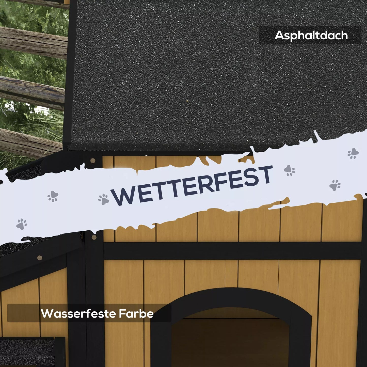 PawHut Katės namelis, katės būdelė, katės guolis, su gėlyne, 96 cm x 65 cm x 85,5 cm, geltonos + baltos + juodos spalvos