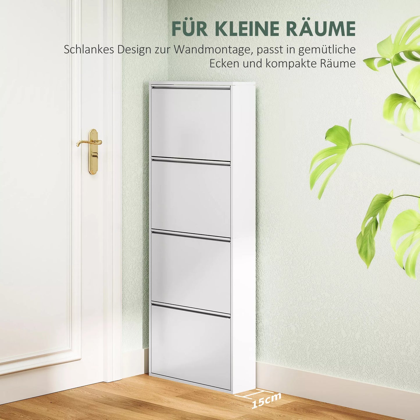 Siaura balta metalinė batų spintelė iki 8 porų batų, 4 atlenkiamos durelės, skirta prieškambariui, koridoriui