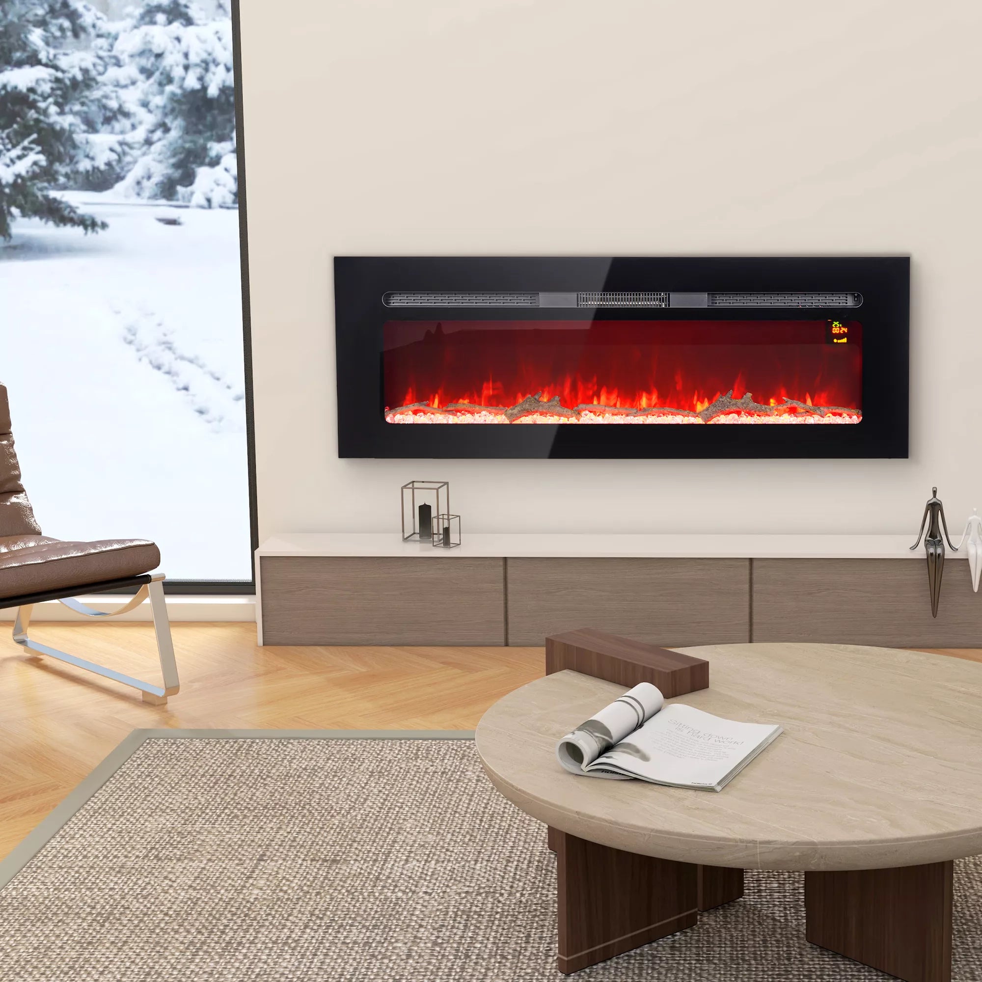 Elektrinis židinys su sieniniu laikikliu ir nuotolinio valdymo pulteliu, dirbtinės malkos ir kristalai, 1800W galia, juodos spalvos.