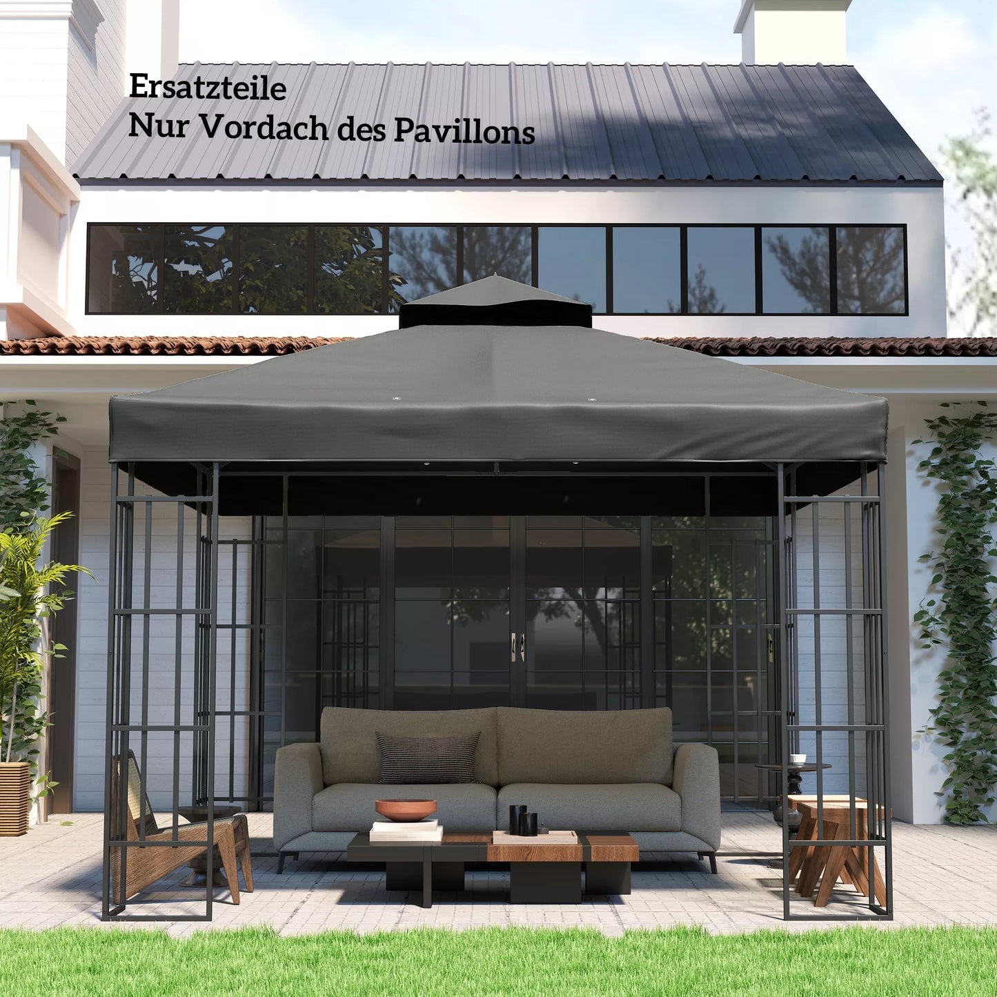 3 x 3 m atsarginis stogas paviljonui, atsarginis paviljono tentas su vandens nutekėjimo angomis, UPF30+, apsauga nuo saulės, tamsiai pilkos spalvos