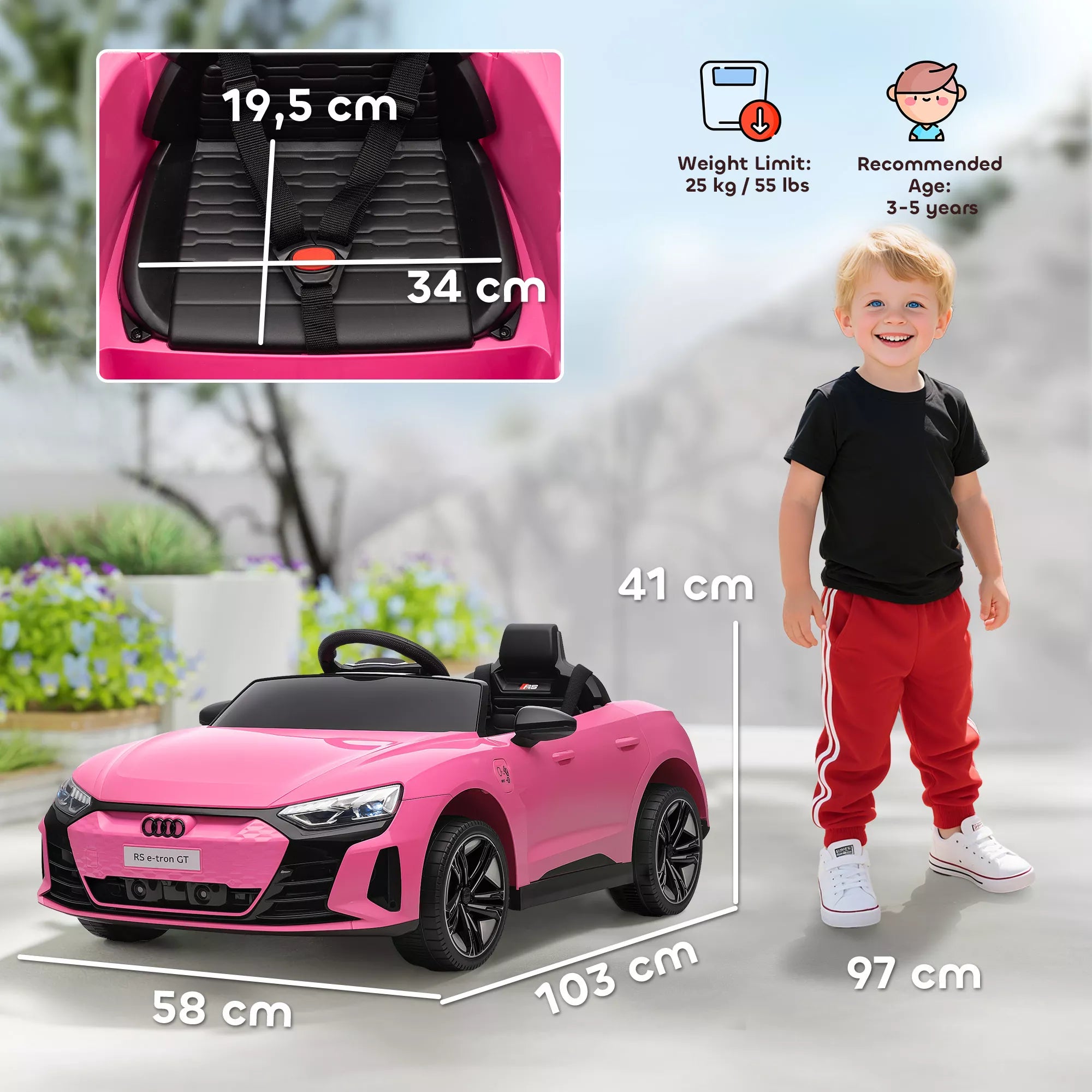 Vaikiškas elektrinis automobilis su nuotolinio valdymo pultu, saugos diržu, garso signalu, muzika, priekiniais žibintais, iki 5 km/h, 3-5 metai, rožinis