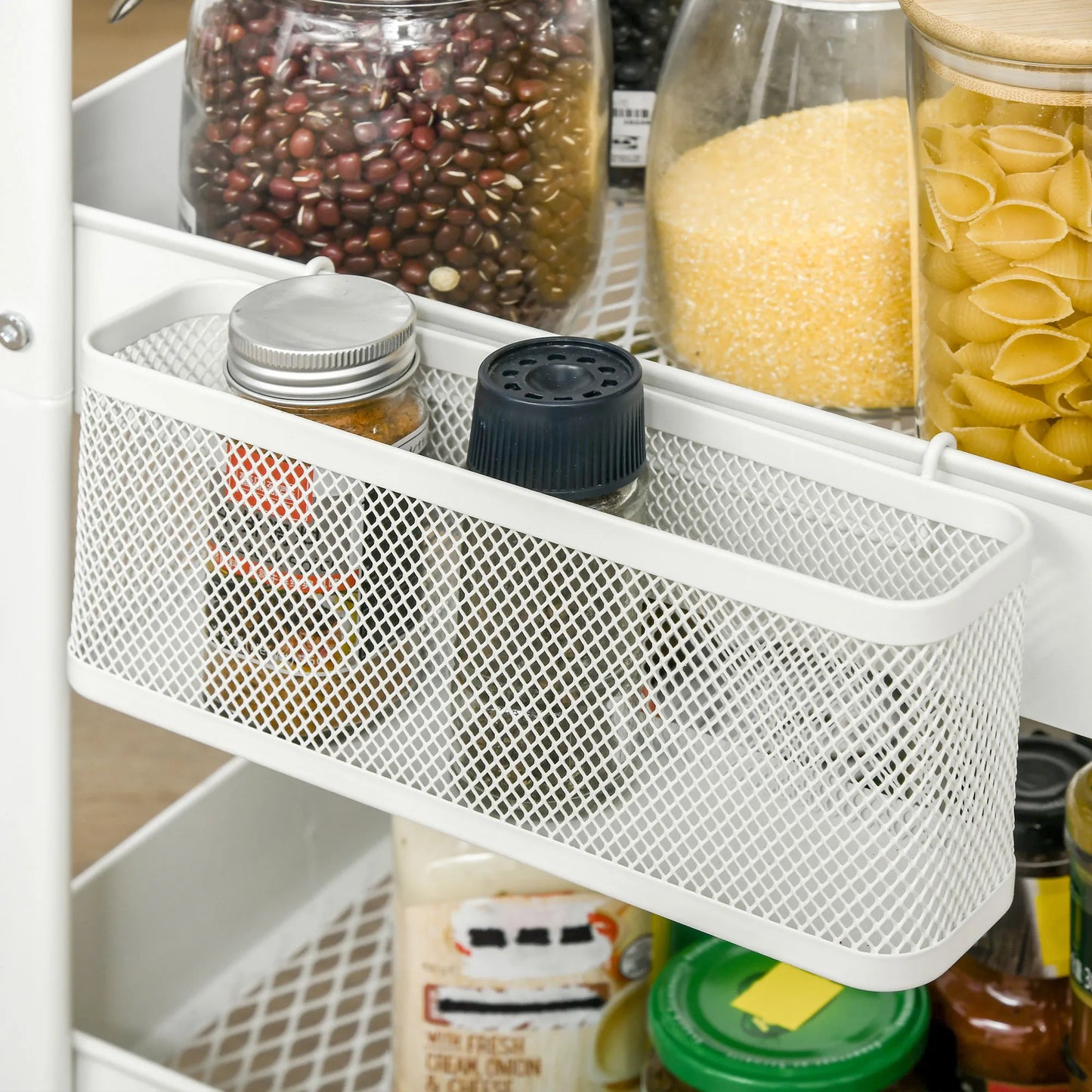 Virtuvinis vežimėlis su perforuota lenta, rankšluosčių laikikliais ir laikymo krepšiais, 51,5 cm x 32 cm x 75,6 cm, Baltas