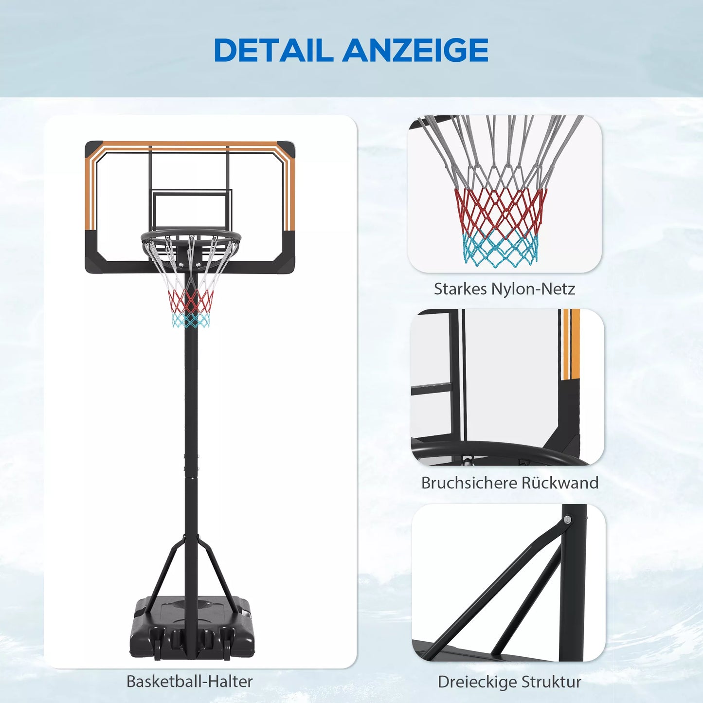 Reguliuojamo aukščio krepšinio stovas, 182-213 cm krepšio aukštis, atsparus oro sąlygoms, su ratukais, metalinis rėmas