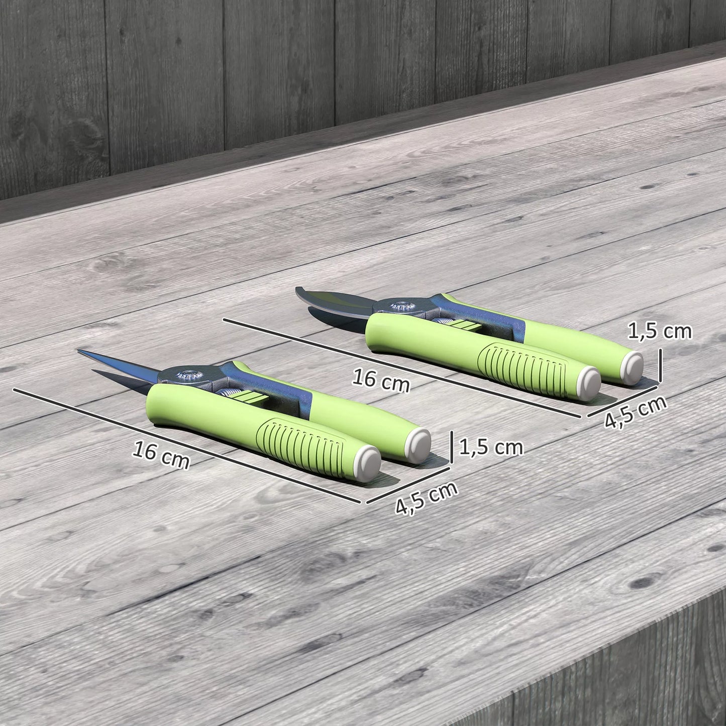 Sodo įrankių rinkinys, 2 vnt., nerūdijančio plieno sodo įrankiai, su genėjimo žirklėmis, žali+sidabriniai