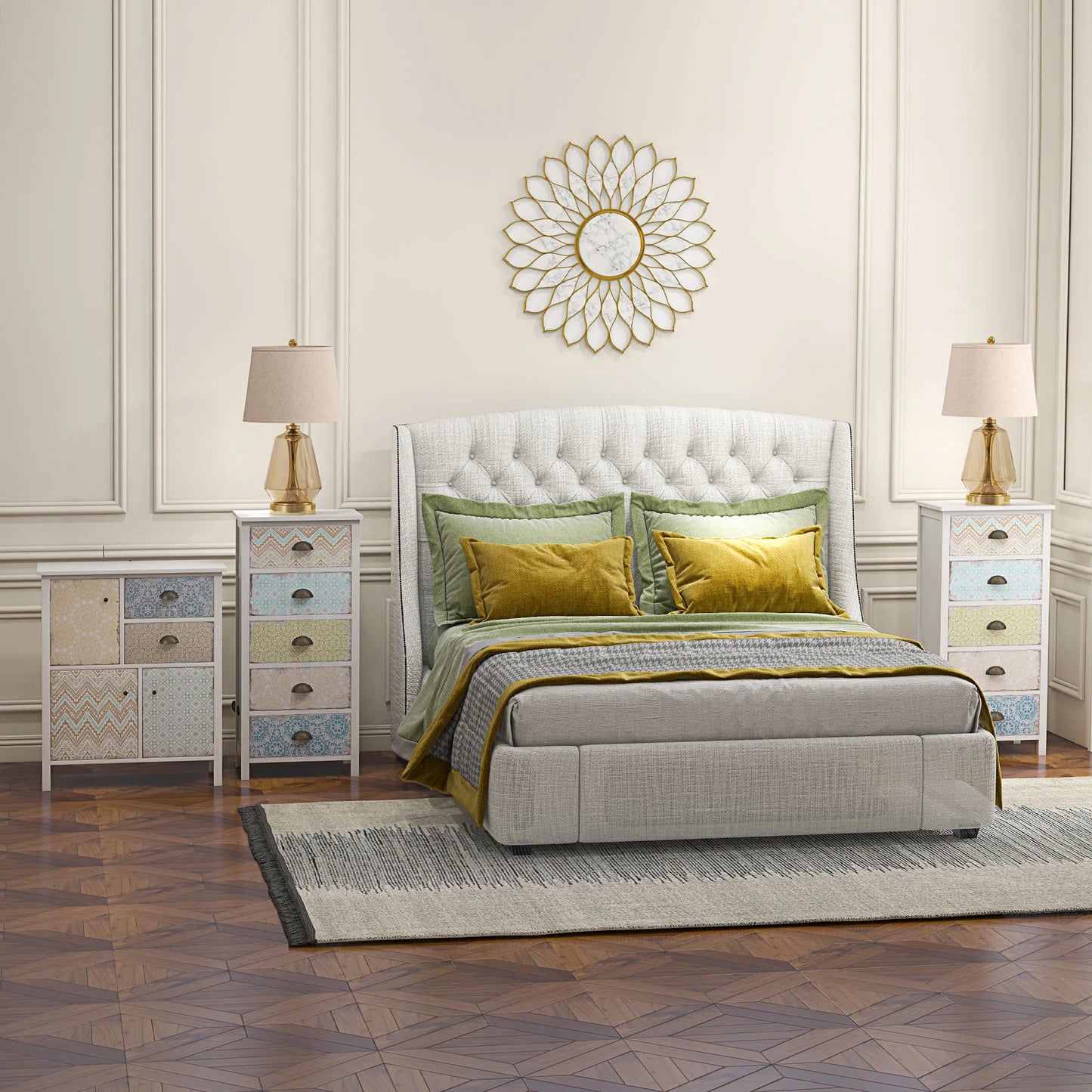 Sideboardas, Shabby Chic komoda, 2 stalčiai, 3 spintelės skyriai, pušies mediena, 68x34x80cm, balta