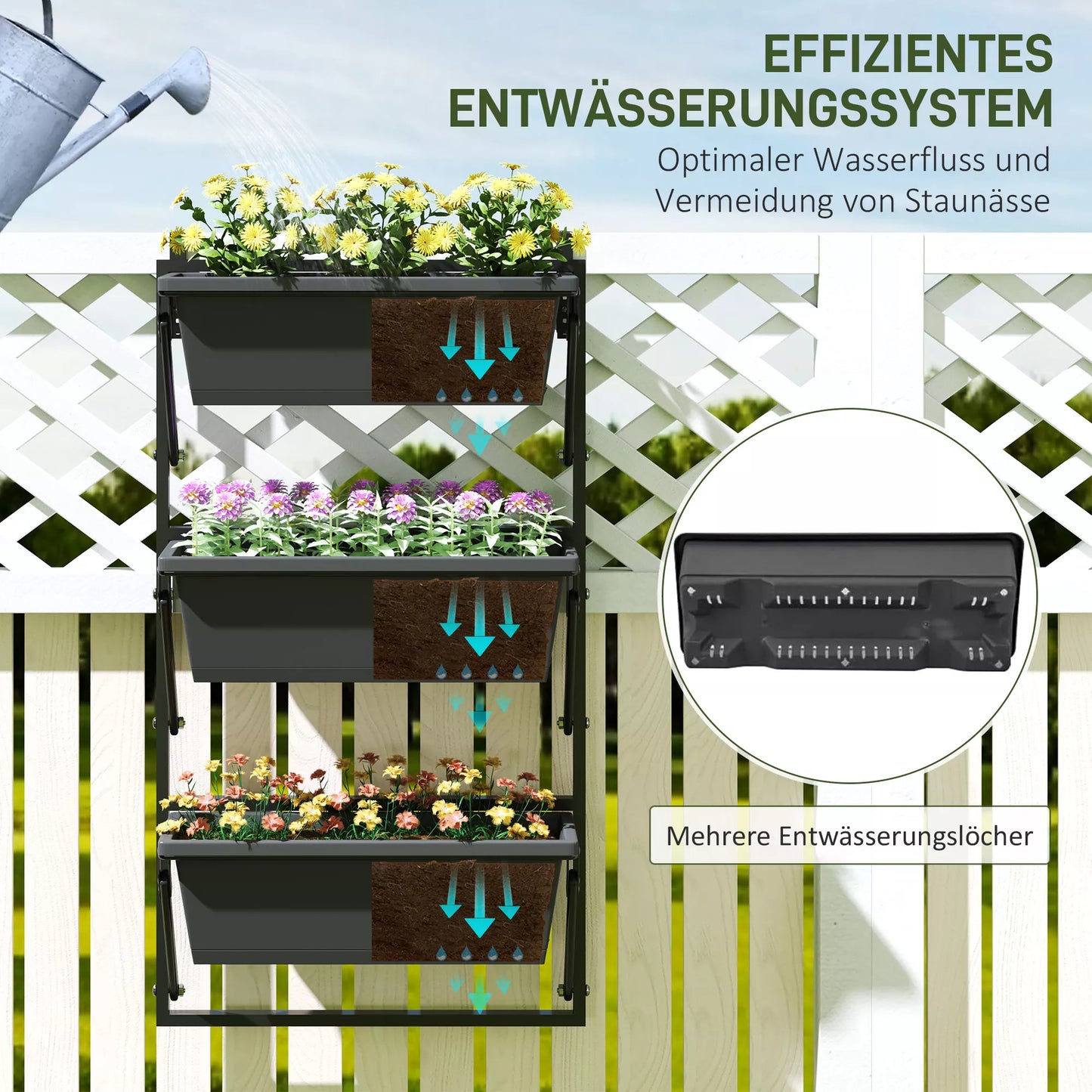 Vazonų rinkinys su skylutėmis, 56x42 cm, kampuotas vazonas, tamsiai pilkas plastikas