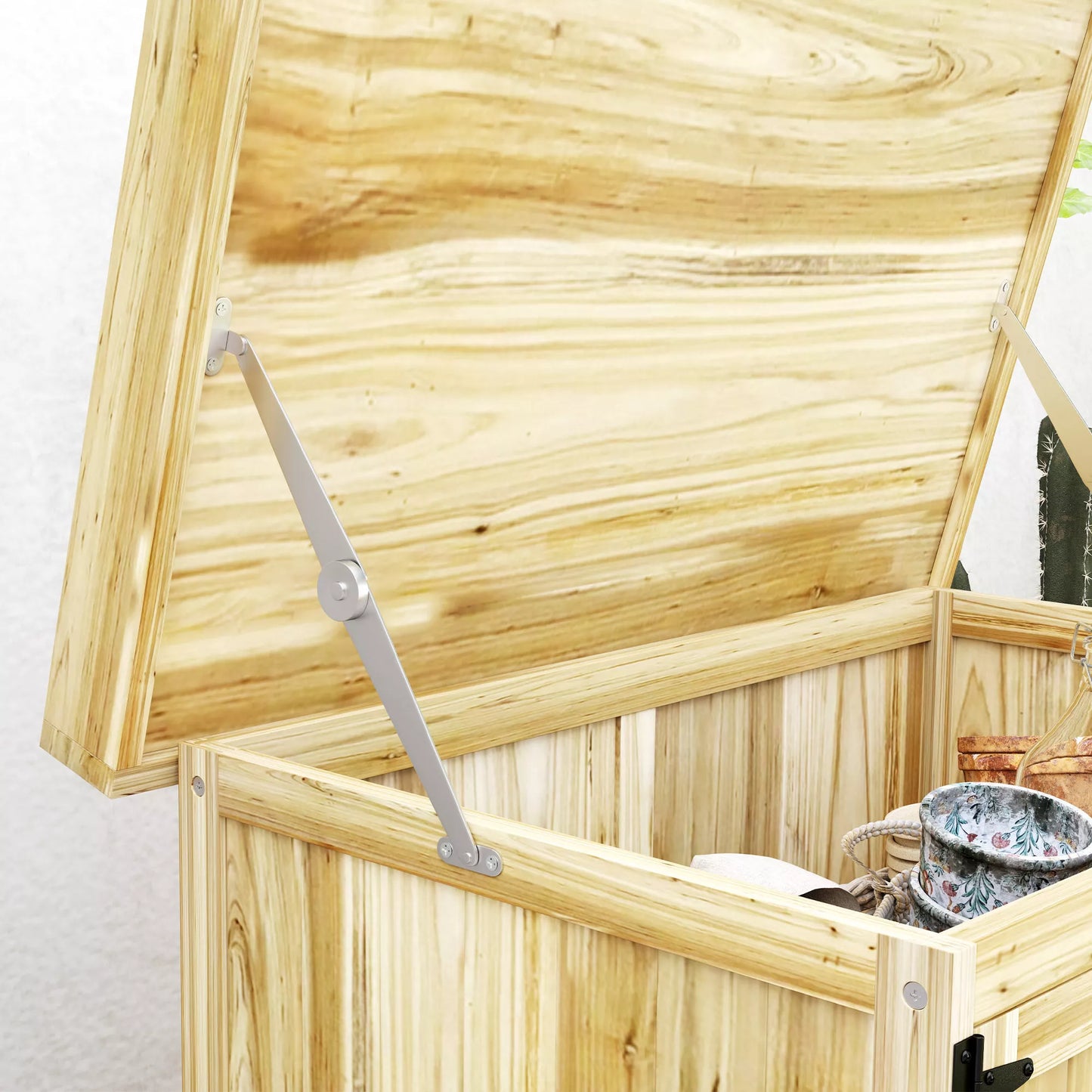 Lauko spintelė, įrankių spintelė lauko sąlygoms, su darbo paviršiumi, mediena ir nerūdijančiu plienu, dvigubos durys, natūrali mediena