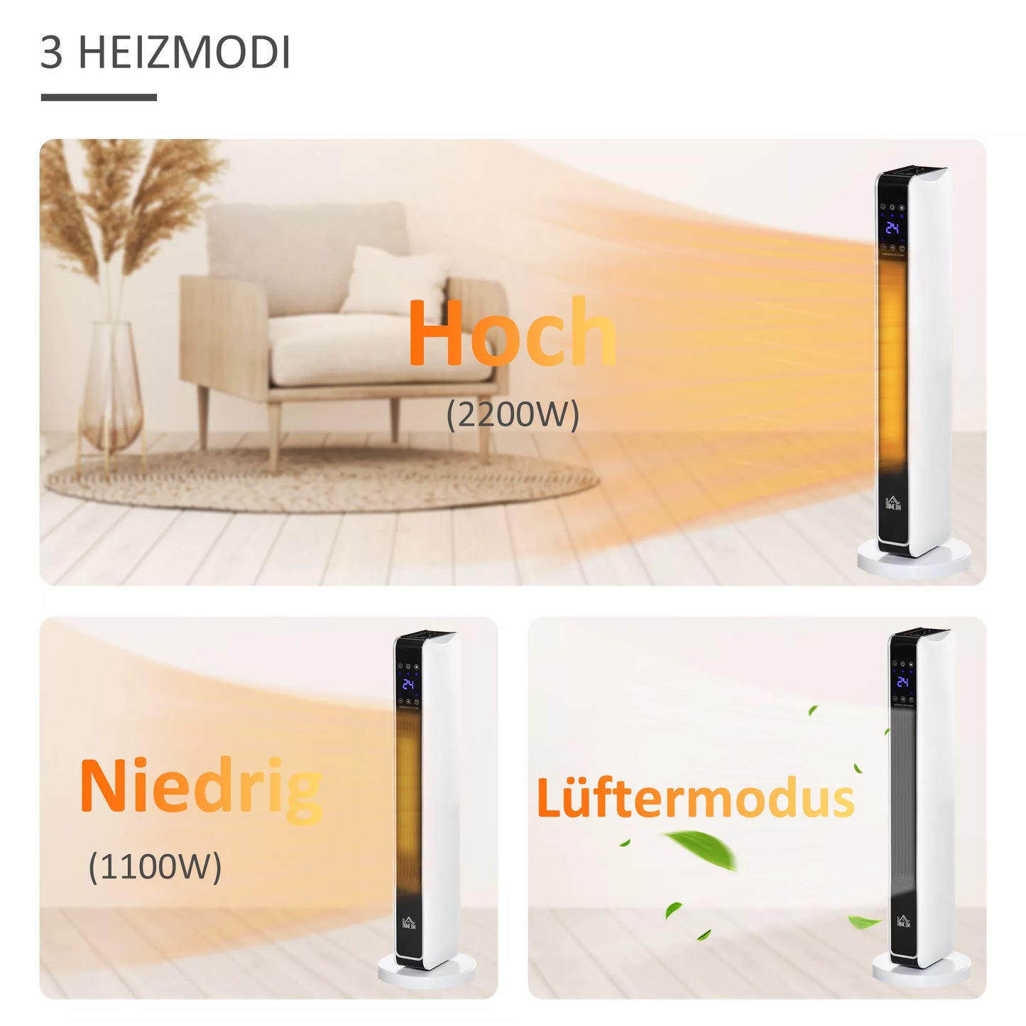 Elektrinis ventiliatorinis šildytuvas 2200W, keraminis bokštinis šildytuvas su nuotolinio valdymo pultu, 8 valandų laikmatis, osciliacija, ABS PA, baltos+juodos spalvos, 21 x 21 x 73 cm