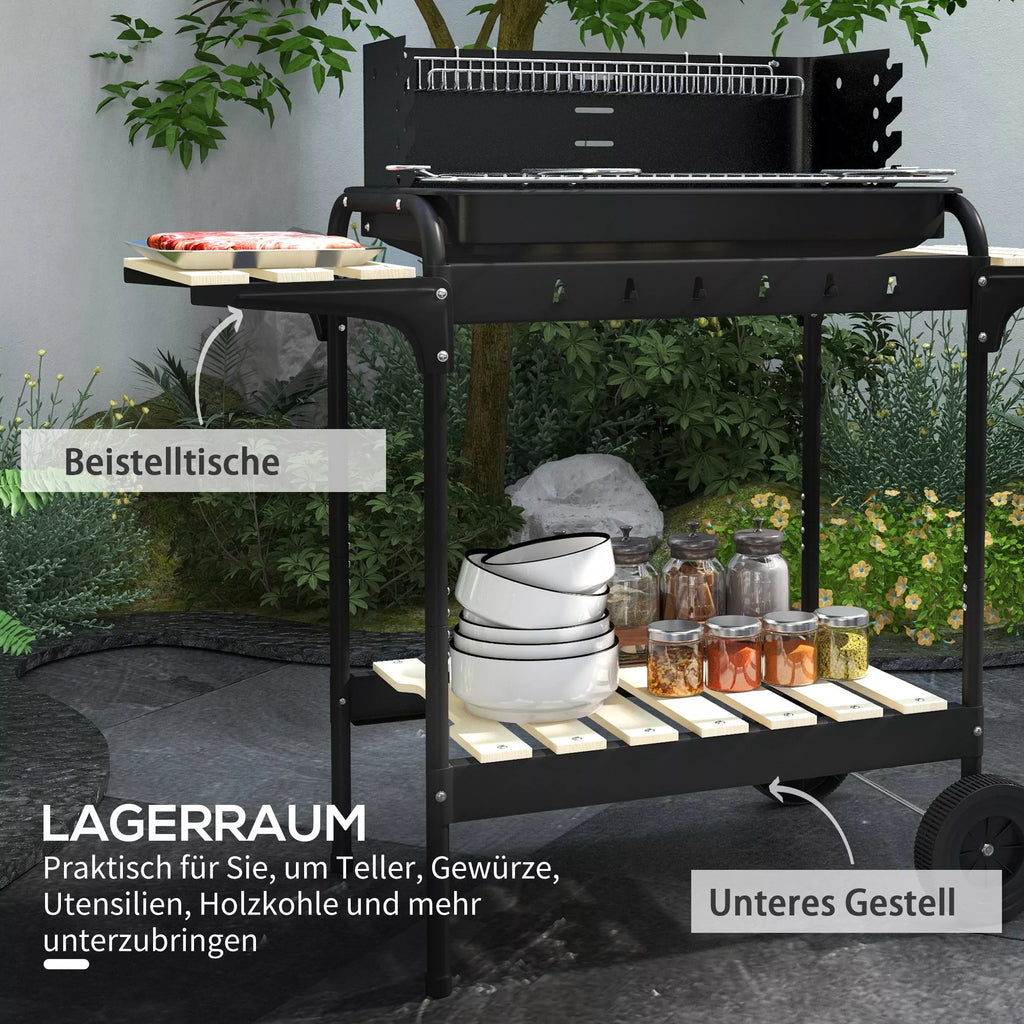 Metalinis anglies grilis BBQ Smoker su ratukais, aukščio reguliuojamas grotelių aukštis, medienos dėklas 103x47x95 cm Juodas