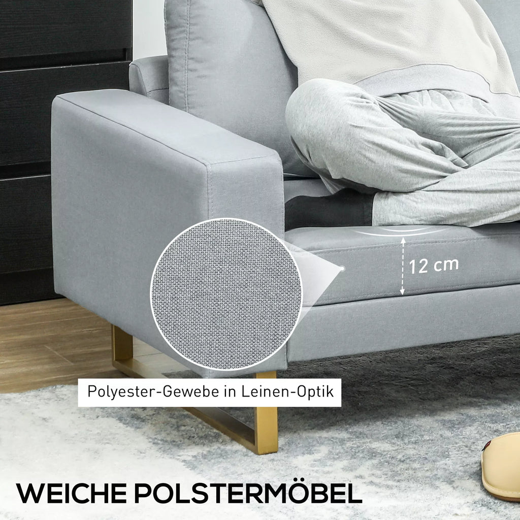 3 vietų sofa, su medinio masyvo rėmu, metalinėmis kojomis, paprastas dizainas, šviesiai pilka