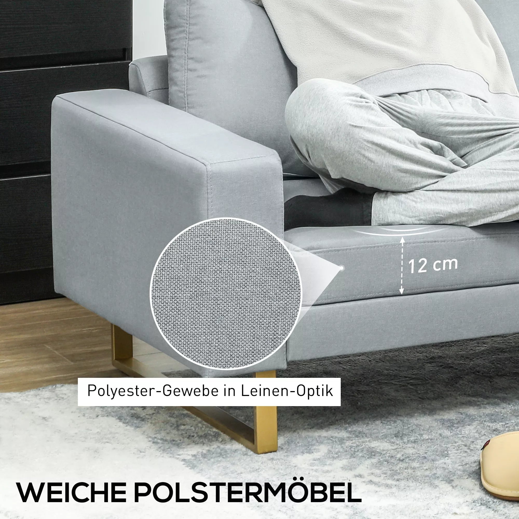 3 vietų sofa, su medinio masyvo rėmu, metalinėmis kojomis, paprastas dizainas, šviesiai pilka