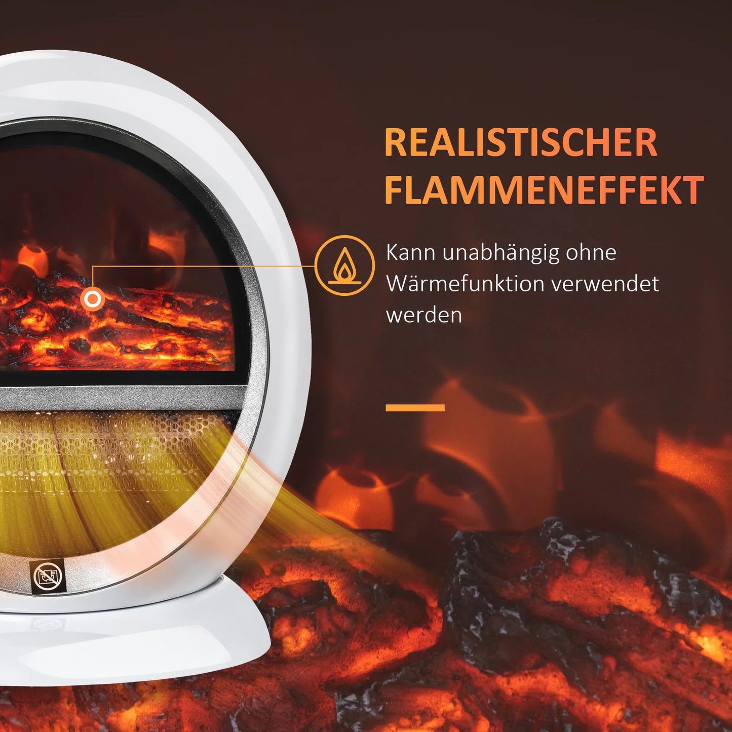 LED elektrinis židinys Mini, stalinis, pastatomas, su liepsnos efektu 1500W ABS plastikas, baltas 30,5 x 18 x 35 cm