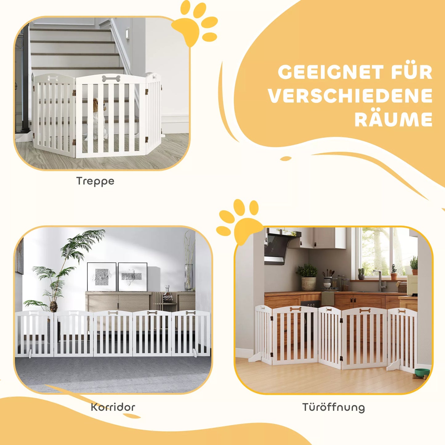 Laisvas stovintis šunų aptvaras su atraminėmis kojomis, skirtas durų angai, koridoriui, laiptams, 258 x 30 x 61 cm, baltas