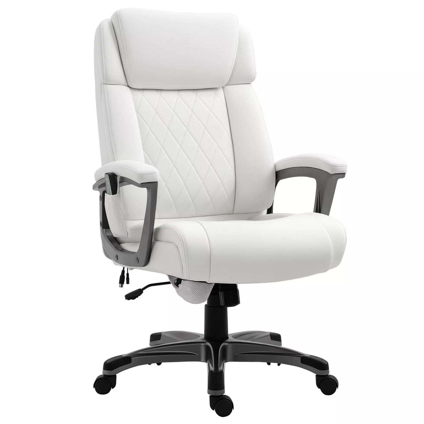 Masažinė biuro kėdė, 6 taškų masažinis pasukamas krėslas, ergonomiška, reguliuojama, dirbtinės odos, su lenkta galvos atrama ir porankiu, balta 70 x 76,5 x 114-124 cm